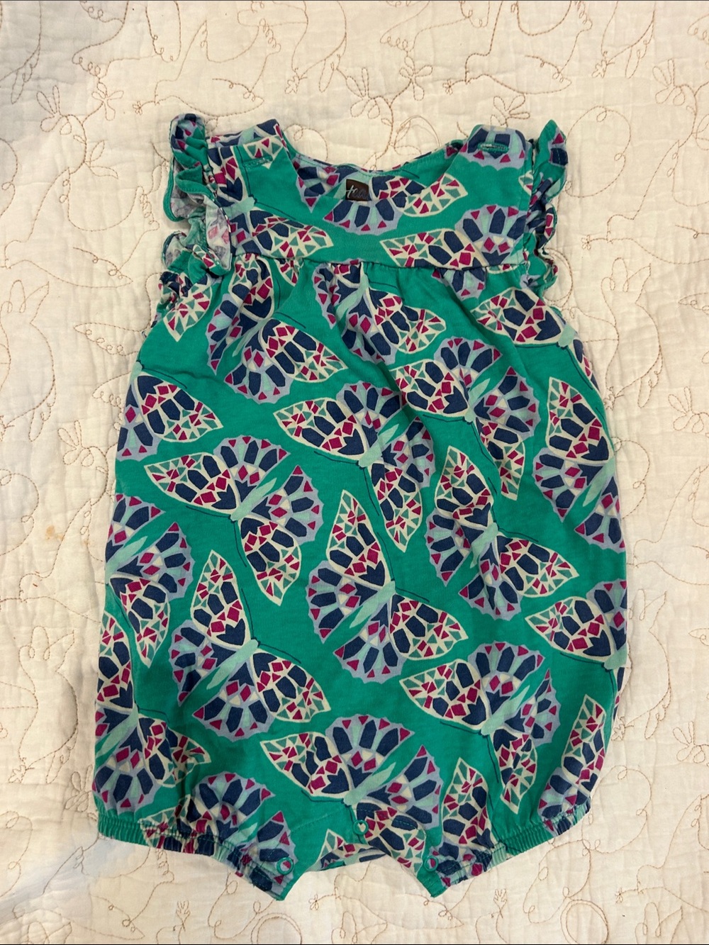 Tea Collection Girls Teal Green Butterfly Mosaic One-Piece Bodysuit